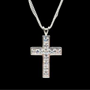 Large Sterling Princess Cut CZ Cross Necklace